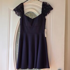 City Vibe Navy Blue A-Line Sweetheart Mini Dress w/Lace Cap Sleeves Size 7 NWT